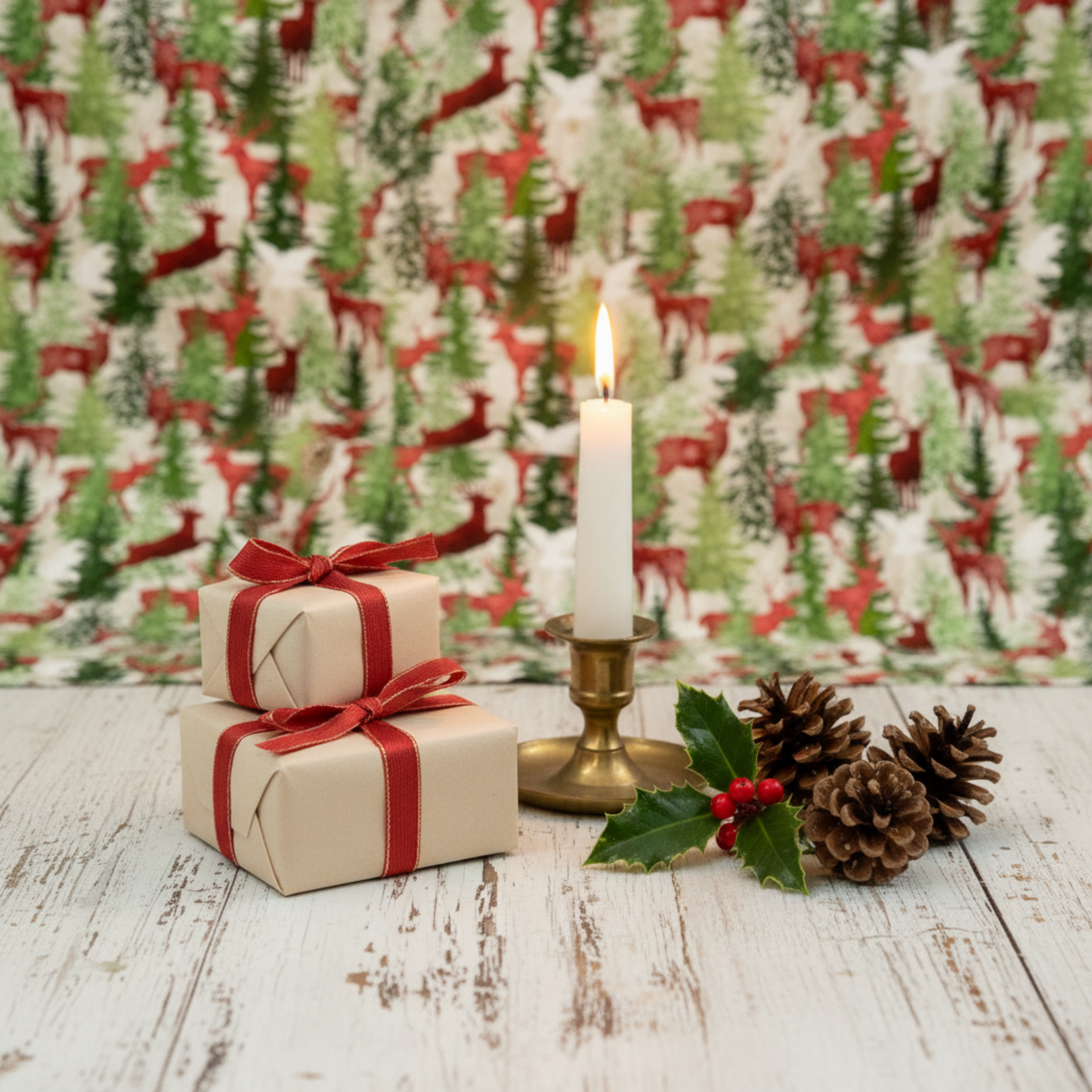 Winter Solstice II Multi Deer Metallic quilting cotton by Jason Yenter for In The Beginning Fabrics — fabric draped as a festive backdrop with wrapped Christmas gifts, pine cones, holly sprig, and a glowing brass candle holder in an elegant holiday vignette. Quilt blocks shown for inspiration. Coordinating fabrics and quilt patterns are available at IraRobi Quilts.