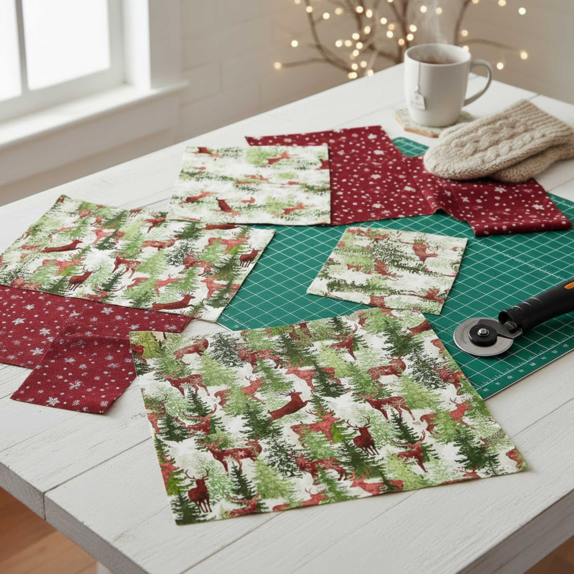 Winter Solstice II Multi Deer Metallic quilting cotton by Jason Yenter for In The Beginning Fabrics — fabric cut into large squares alongside coordinating burgundy snowflake and cream metallic fabrics in a holiday quilt in progress, with cutting mat and rotary cutter in a cozy workspace. Quilts shown for inspiration. Coordinating fabrics and quilt patterns are available at IraRobi Quilts.