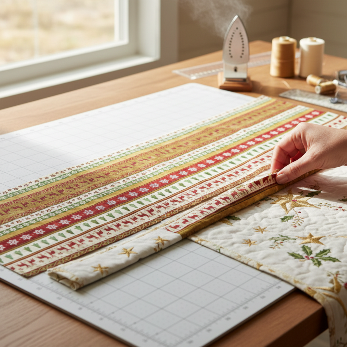 Winter Solstice II Multi Stripe Metallic quilting cotton by Jason Yenter for In The Beginning Fabrics — fabric cut on the bias into strips for quilt binding, showing the diagonal stripe effect, with pressed binding strips and a quilted project edge in a cozy workspace. Quilts shown for inspiration. Coordinating fabrics and quilt patterns are available at IraRobi Quilts.
