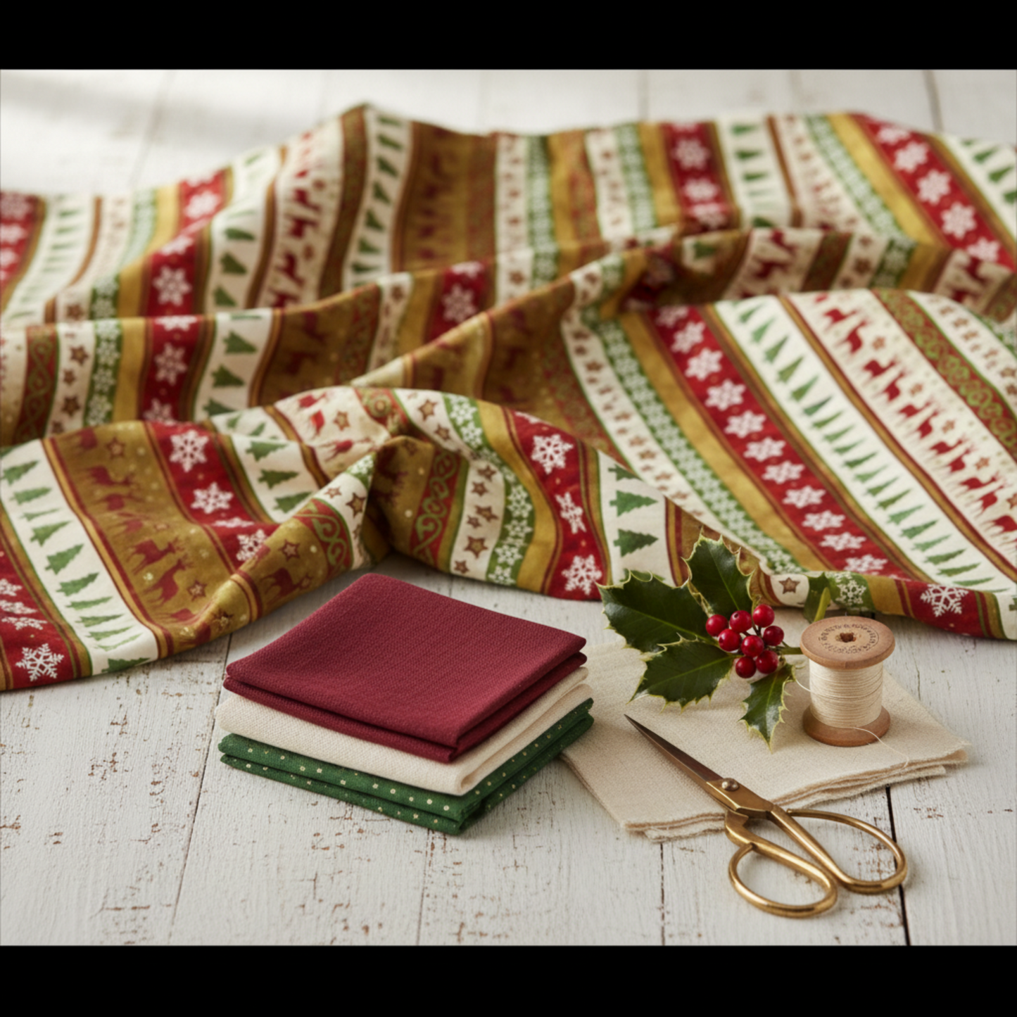Winter Solstice II Multi Stripe Metallic quilting cotton by Jason Yenter for In The Beginning Fabrics — fabric draped as a festive backdrop with coordinating fabric scraps, fabric scissors, thread spool, and fresh holly sprig in a warm holiday vignette. Quilt blocks shown for inspiration. Coordinating fabrics and quilt patterns are available at IraRobi Quilts.