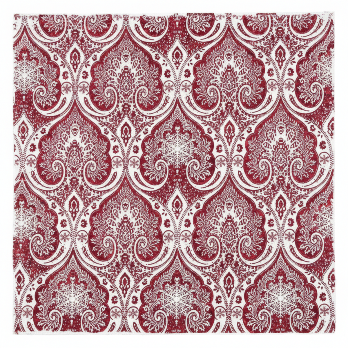 Nature's Winter Red Snowflake Ogee quilting cotton by Jason Yenter for In The Beginning Fabrics — close-up flat lay showing bold white ogee lattice with intricate white snowflake medallions, swirling paisley scrolls, floral sprigs, and fine dotwork on a richly mottled crimson and deep burgundy watercolor ground. 100% cotton, 43–44" wide.