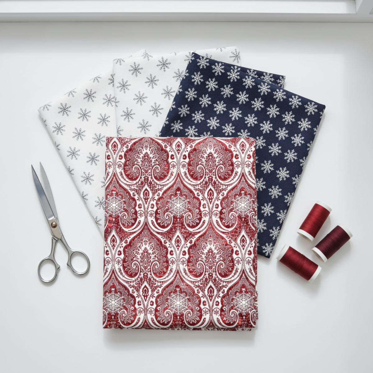 Nature's Winter Red Snowflake Ogee quilting cotton by Jason Yenter for In The Beginning Fabrics — flat lay hero fanned with coordinating winter fabrics, silver scissors, and deep red thread spools on a white surface. Coordinating fabrics and quilt patterns available at IraRobi Quilts.