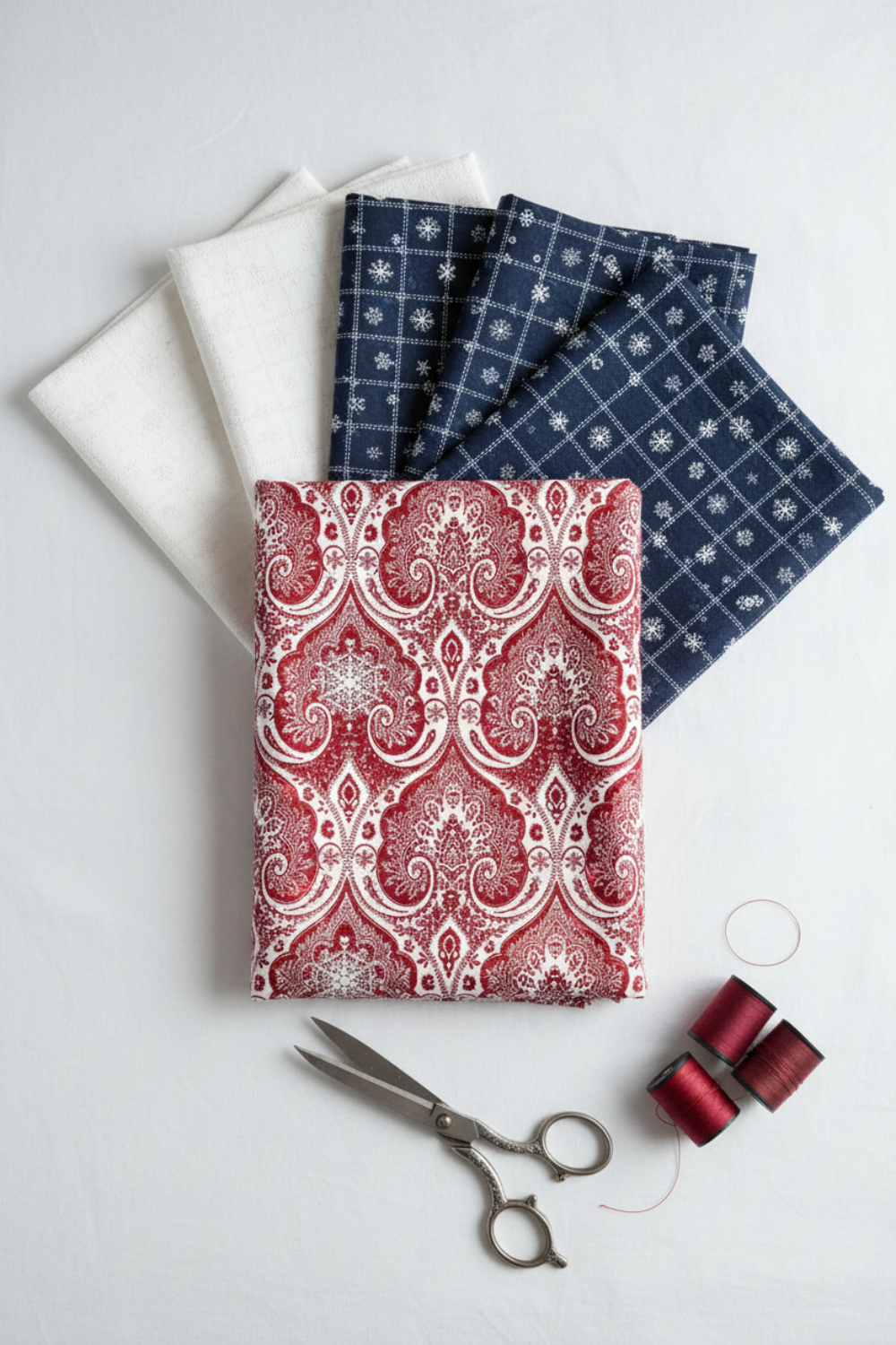 Nature's Winter Red Snowflake Ogee quilting cotton by Jason Yenter for In The Beginning Fabrics — vertical flat lay as hero fanned with coordinating winter fabrics, silver scissors, and deep red thread spools on a white surface. Coordinating fabrics and quilt patterns available at IraRobi Quilts.