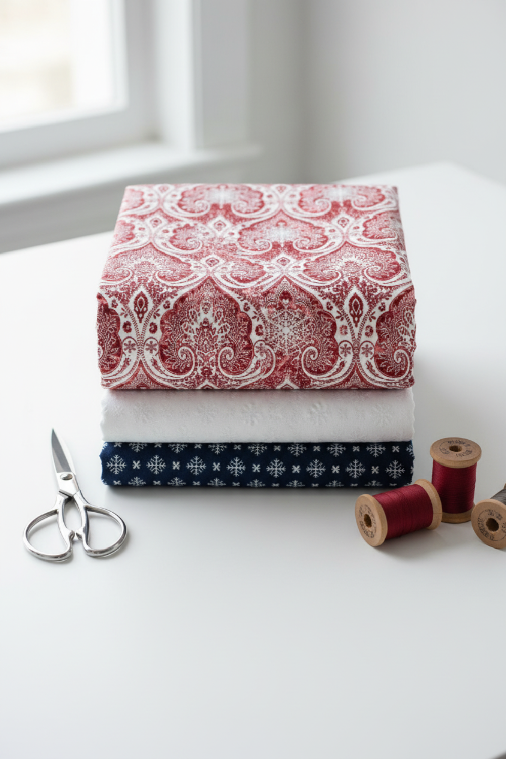 Nature's Winter Red Snowflake Ogee quilting cotton by Jason Yenter for In The Beginning Fabrics — vertical flat lay folded as hero on a tall coordinating fabric stack with silver scissors and deep red thread spools on a white surface. Coordinating fabrics and quilt patterns available at IraRobi Quilts.