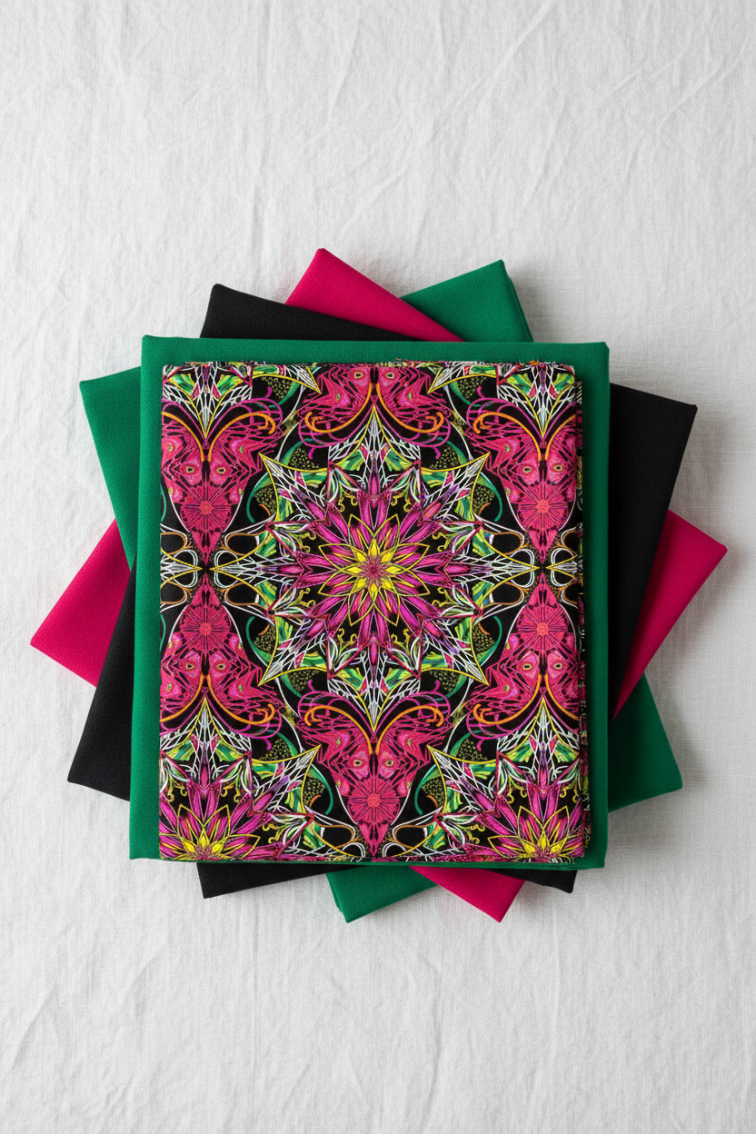 Needle Stars Byzantium Red/Multi by Paula Nadelstern for Benartex shown in a coordinating fabric stack with solid jewel-tone companions in magenta, forest green, hot pink, and black. Quilt blocks shown for inspiration. Coordinating fabrics and quilt patterns are available at IraRobi Quilts.