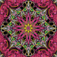 Close-up detail of Needle Stars Byzantium Red/Multi quilting cotton by Paula Nadelstern for Benartex – intricate kaleidoscopic mandala star with geometric symmetry in magenta, hot pink, forest green, yellow, orange, white, and purple on black, 100% cotton.