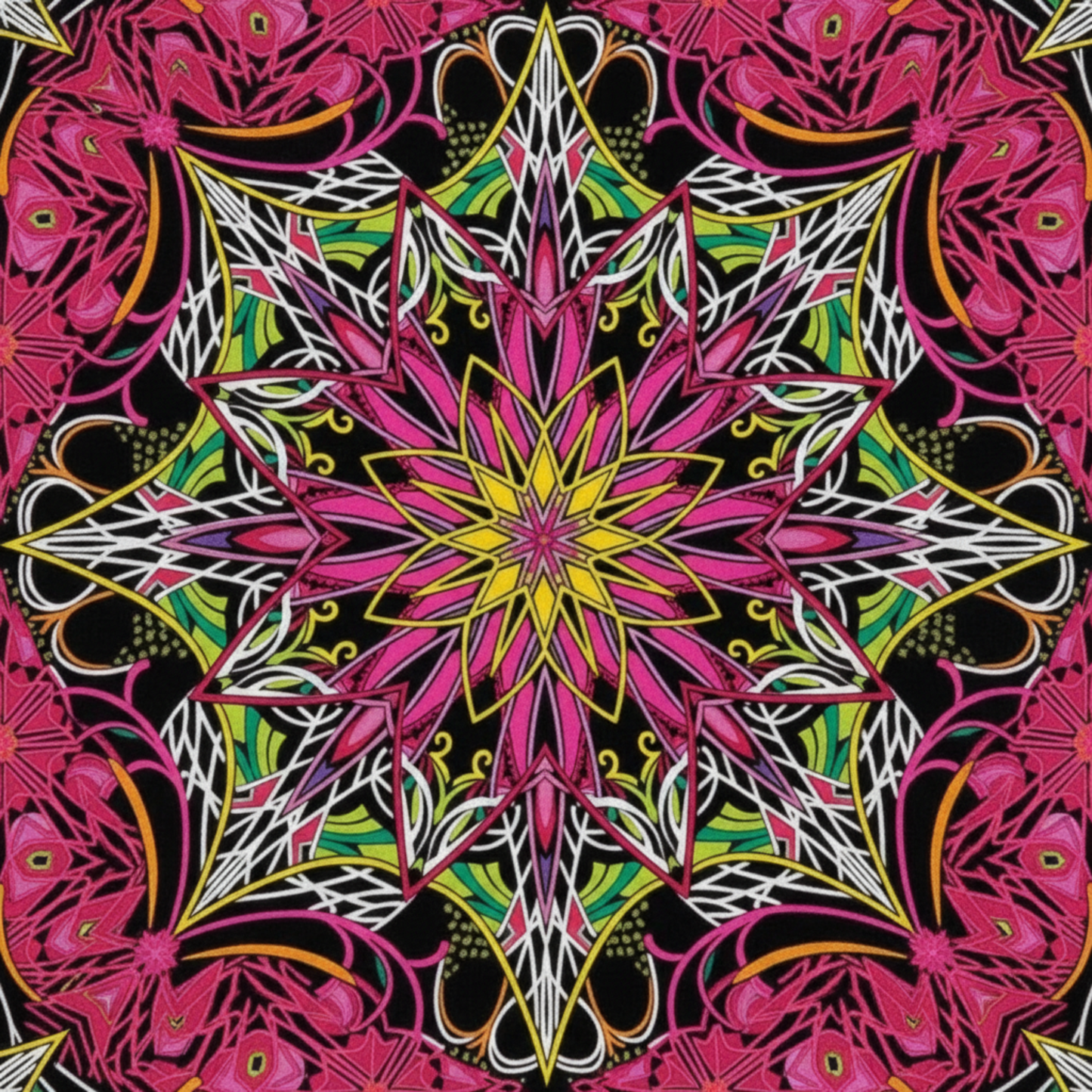 Close-up detail of Needle Stars Byzantium Red/Multi quilting cotton by Paula Nadelstern for Benartex – intricate kaleidoscopic mandala star with geometric symmetry in magenta, hot pink, forest green, yellow, orange, white, and purple on black, 100% cotton.