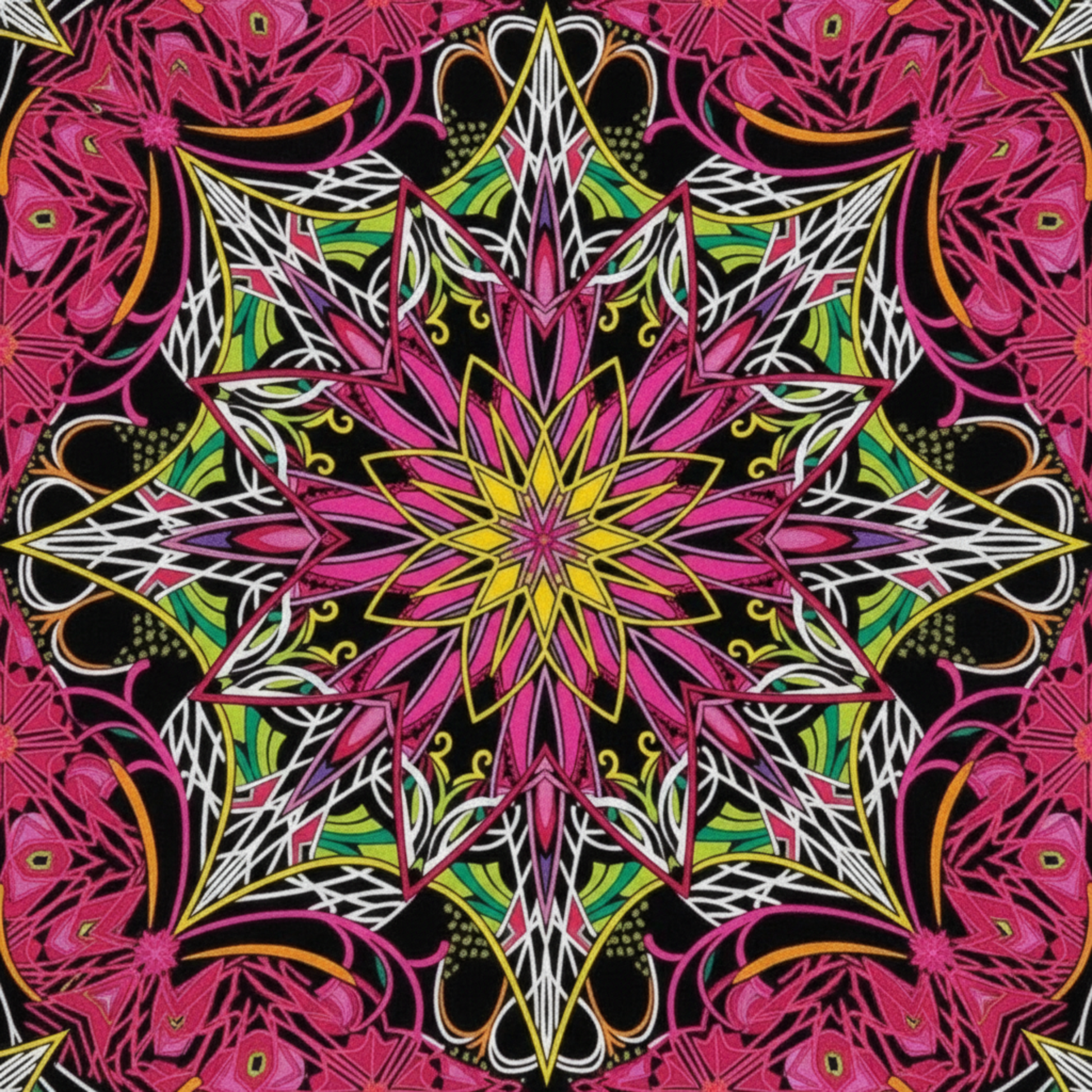 Close-up detail of Needle Stars Byzantium Red/Multi quilting cotton by Paula Nadelstern for Benartex – intricate kaleidoscopic mandala star with geometric symmetry in magenta, hot pink, forest green, yellow, orange, white, and purple on black, 100% cotton.