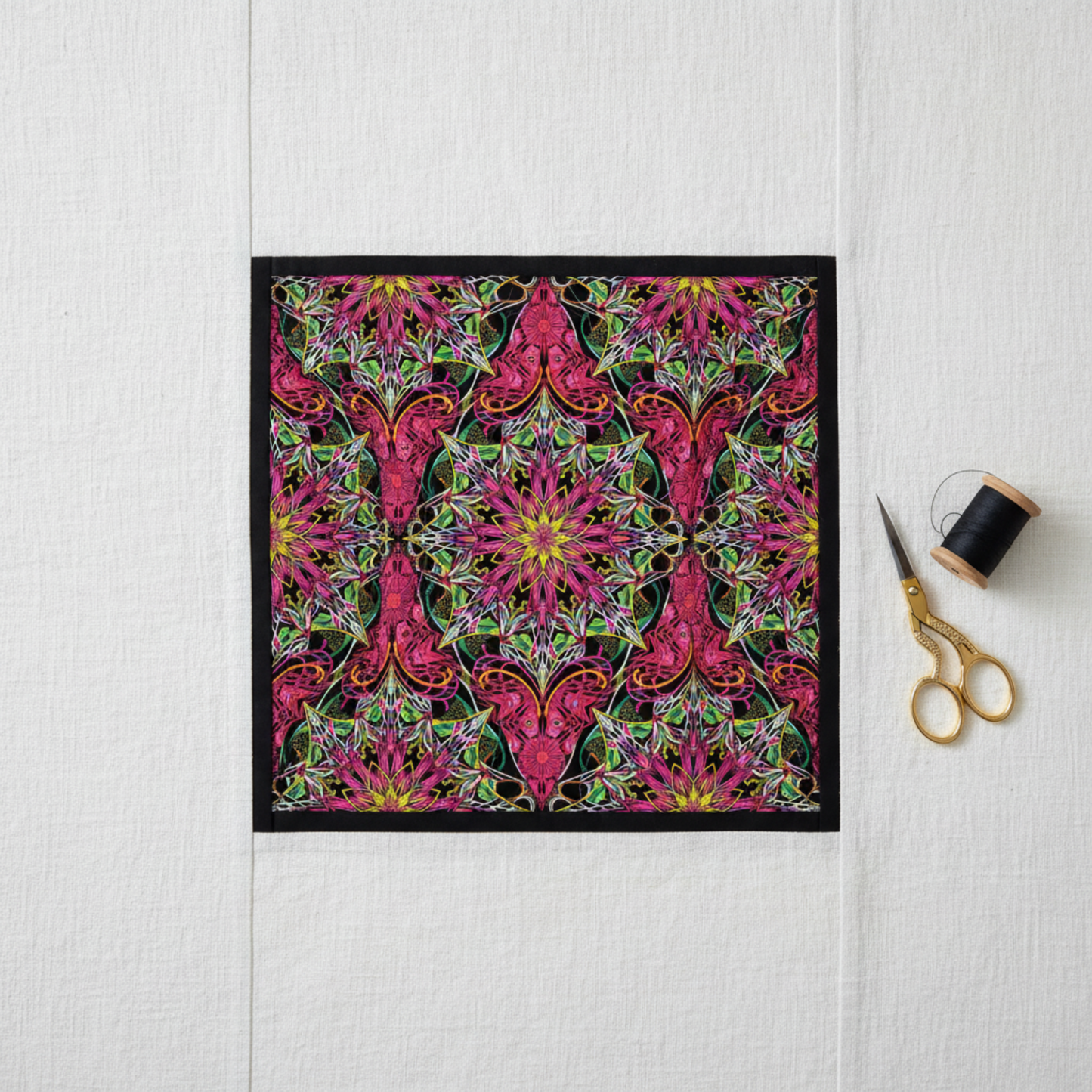 Fussy-cut medallion quilt center block featuring Needle Stars Byzantium Red/Multi by Paula Nadelstern for Benartex, with the kaleidoscopic star centered and framed by solid black and magenta borders. Quilt blocks shown for inspiration. Coordinating fabrics and quilt patterns are available at IraRobi Quilts.