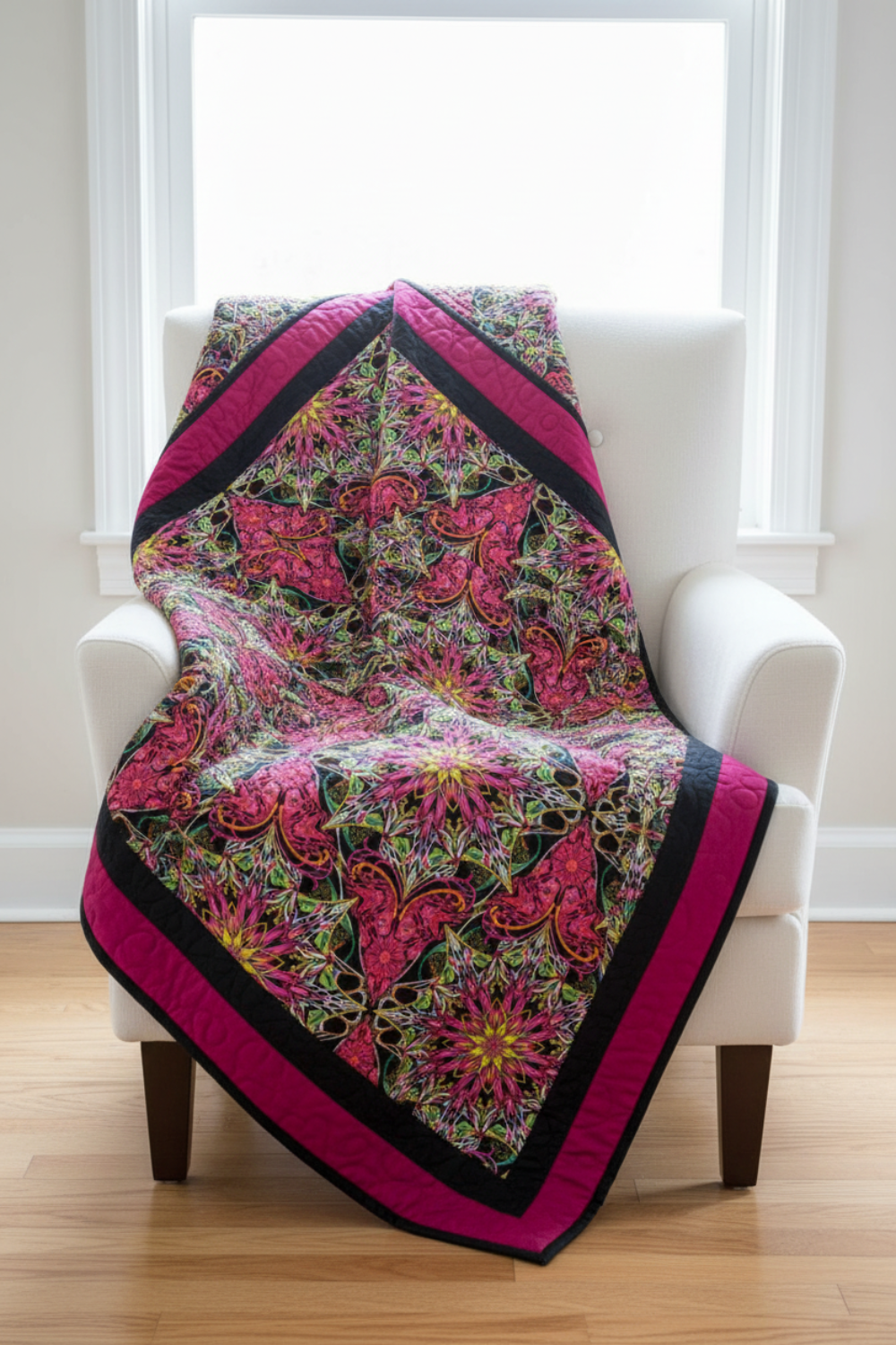 Bold modern medallion quilt featuring a fussy-cut Needle Stars Byzantium Red/Multi center star by Paula Nadelstern for Benartex, with coordinating jewel-tone Interwoven companion fabrics in magenta, green, and black. Quilts shown for inspiration. Coordinating fabrics and quilt patterns are available at IraRobi Quilts.