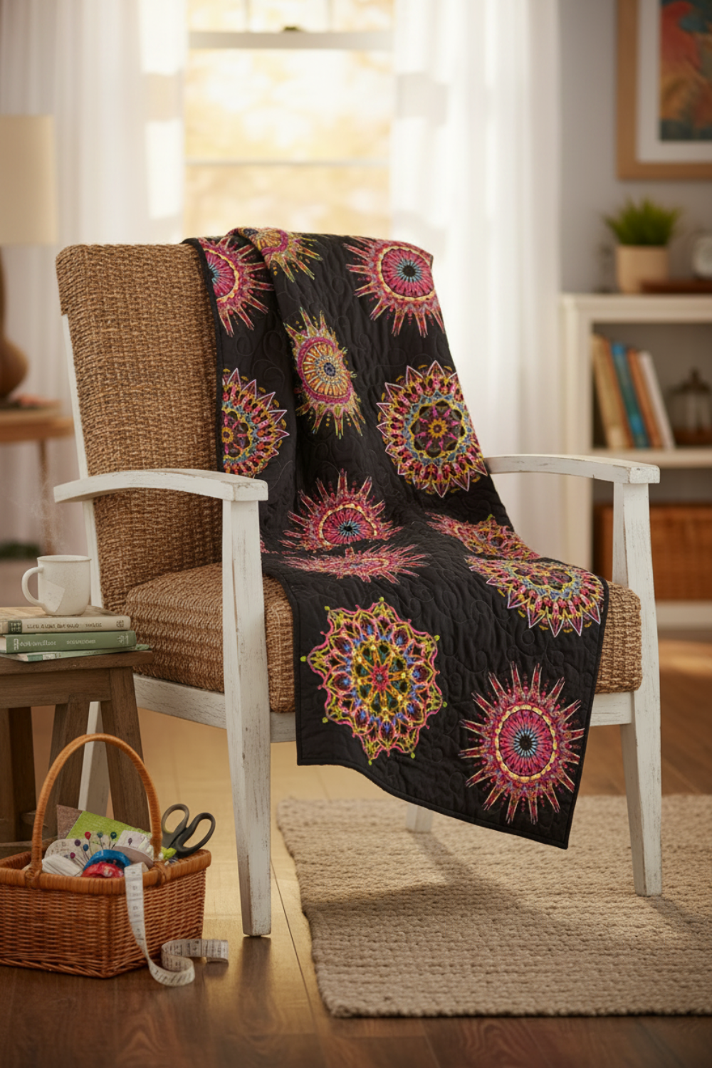 Cozy living room quilt made with Needle Stars panel by Paula Nadelstern for Benartex — bold kaleidoscopic starbursts in pink, gold & yellow on black, draped over a farmhouse chair with a sewing basket nearby. The perfect statement quilt for your home! Shop the fabric and download the free "Going Up" pattern. #QuiltLife #NeedleStars #Benartex #KaleidoscopeQuilt #QuiltPanel #HomeDecorQuilt #QuiltInspiration