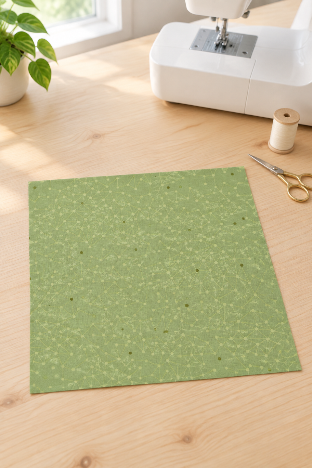 Olive You Net Sage Fabric by Zen Chic for Moda Fabrics, a square swatch laid flat on a wooden table beside a sewing machine, scissors, and cream thread. ⠋