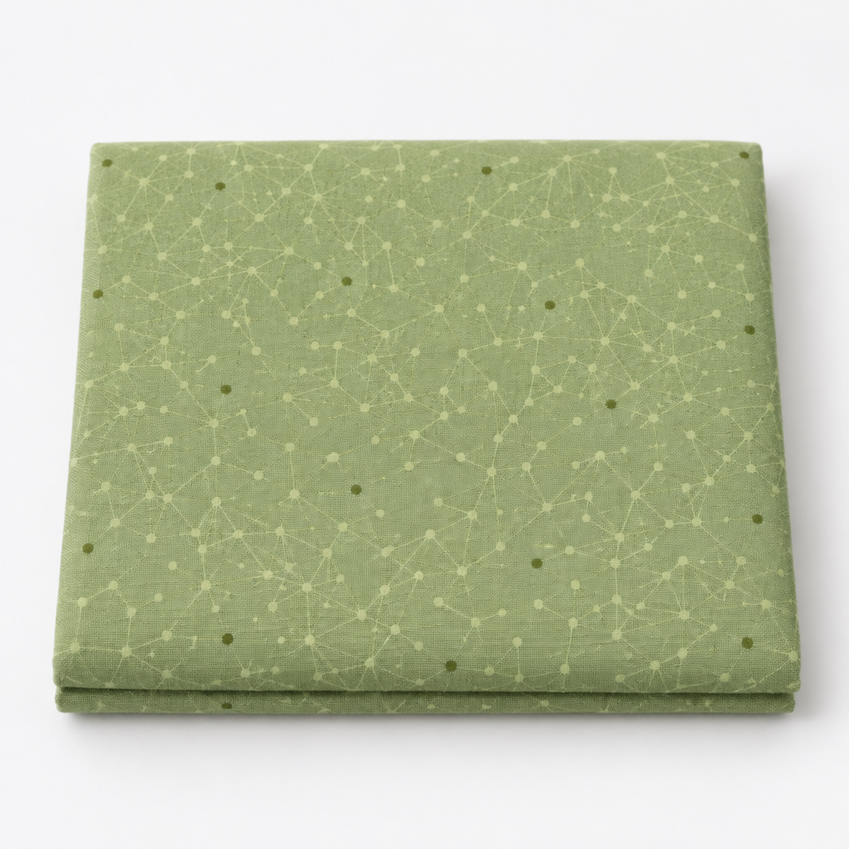 Olive You Net Sage Fabric by Zen Chic for Moda Fabrics, neatly folded on a white background, showing a pale constellation-like net and dark olive dot accents.