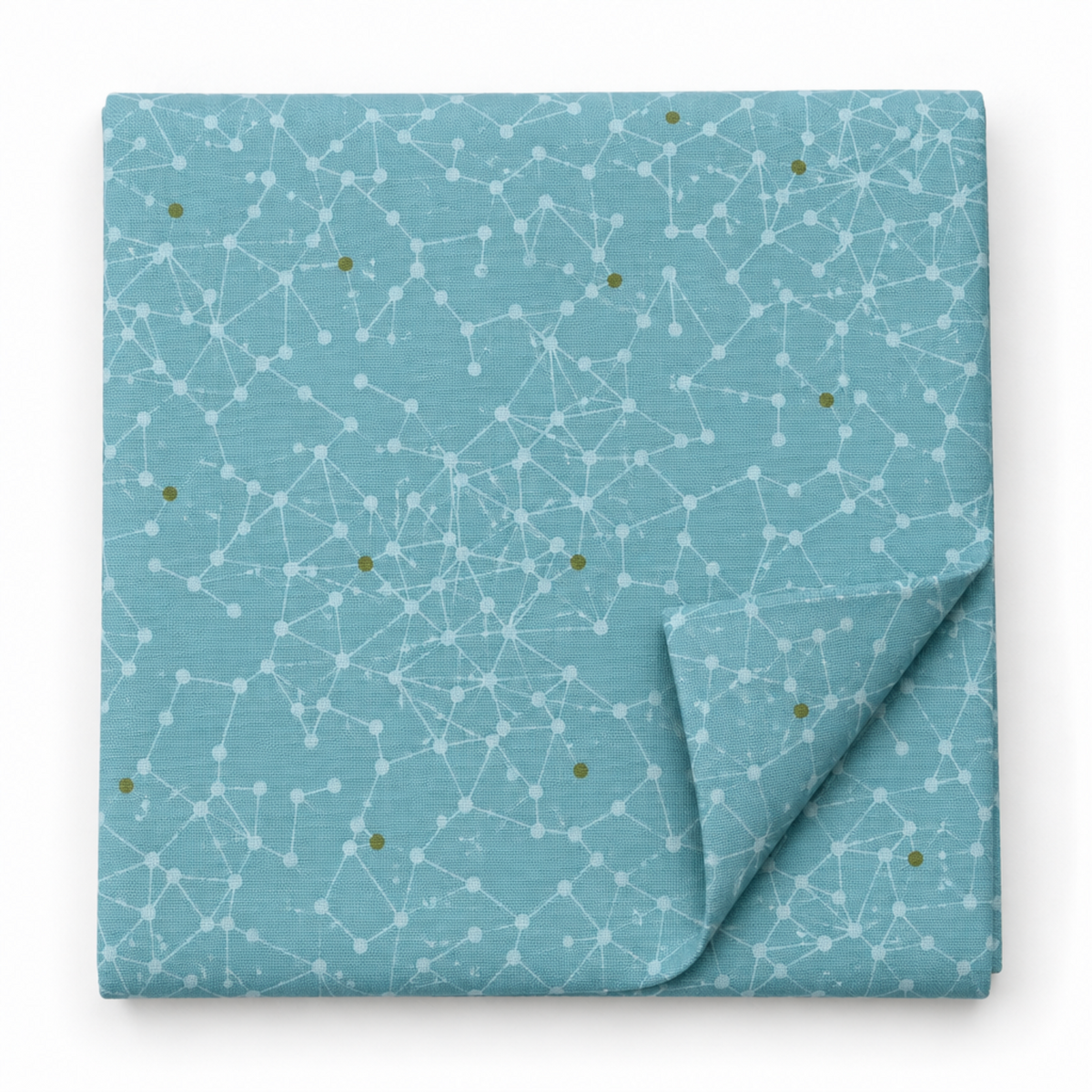 Olive You Net Sky Fabric by Zen Chic for Moda Fabrics, folded on a white background with one corner turned back, showing pale connected-dot lines and olive accents.