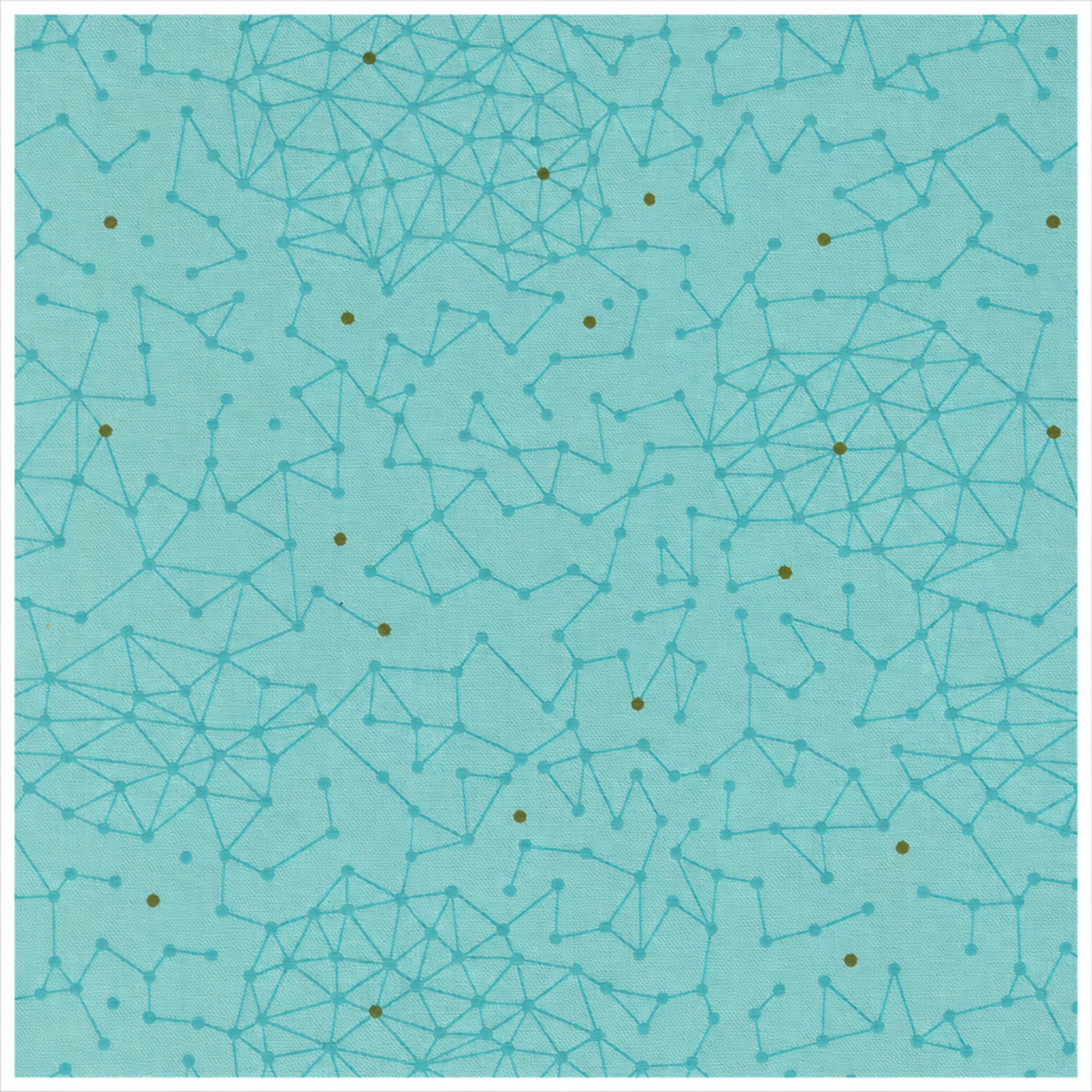 Olive You Net Spray Fabric by Zen Chic for Moda Fabrics, showing a teal connected-dot net and olive accents on pale aqua within a narrow white border.