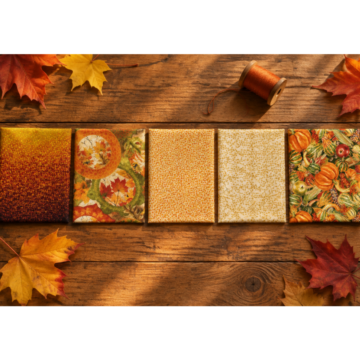 Five coordinating fall quilting fabric swatches side by side on a rustic wooden table, with maple leaves and a spool of thread