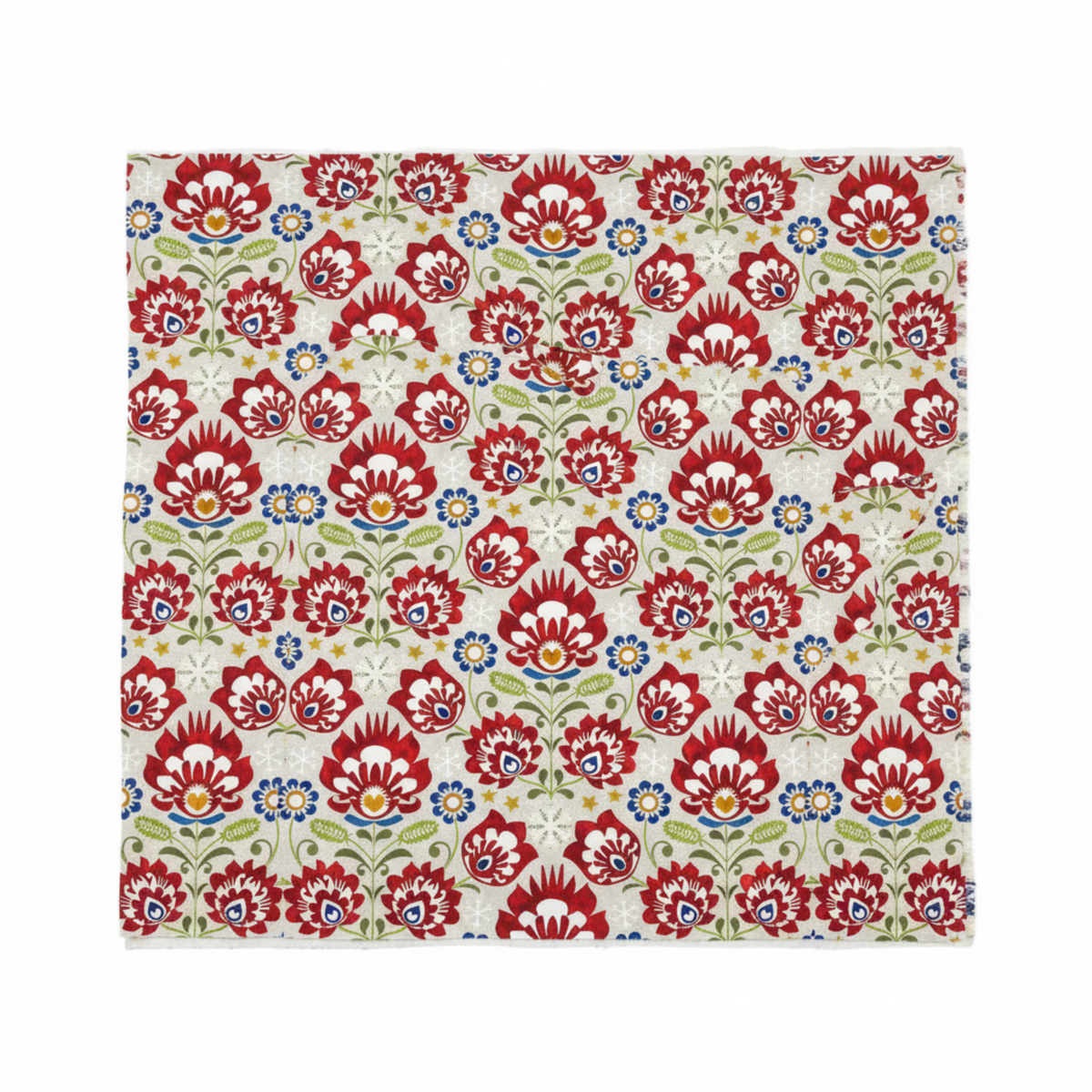 NYSNO New Snow Multicolor Floral quilting cotton by Jason Yenter for In The Beginning Fabrics — close-up flat lay showing oversized bold folk-art florals in crimson red with white petal cutwork and blue teardrop accents, cobalt blue flowers with gold centers, olive green stems and leaf sprays, white snowflakes, and scattered gold stars on soft mottled light grey. 100% cotton, 43–44" wide.