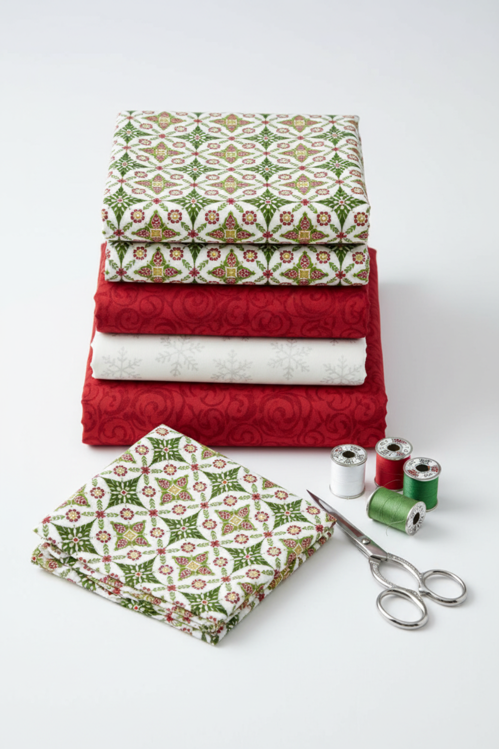 NYSNO New Snow Multicolor Garland quilting cotton by Jason Yenter for In The Beginning Fabrics — vertical flat lay folded as hero on a tall coordinating stack with NYSNO Red Swirl and White Snowflakes, silver scissors and thread spools to the side. Coordinating fabrics and quilt patterns available at IraRobi Quilts.