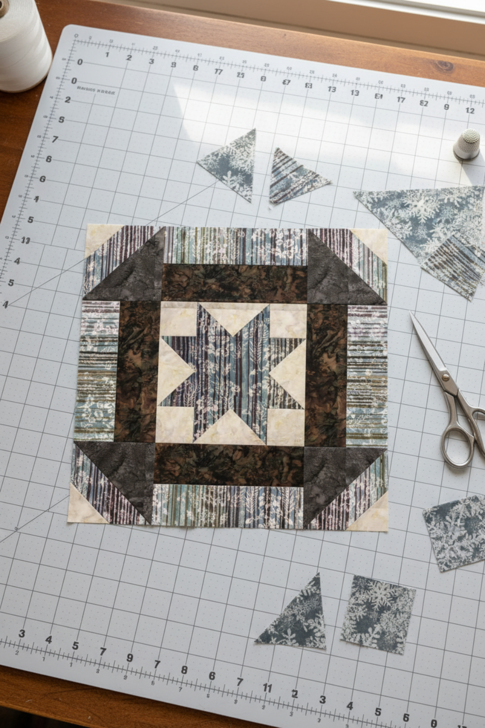 NYSNO New Snow White Snowflakes quilting cotton by Jason Yenter for In The Beginning Fabrics — featured as the background fabric in a vertical work-in-progress A Walk in the Woods quilt block on a white cutting mat in a bright sewing room, with dark brown mottled batik borders, blue-gray stripe star points, loose cut patches, a rotary cutter, and silver scissors. Quilt blocks shown for inspiration feature the A Walk in the Woods pattern — available at IraRobi Quilts.