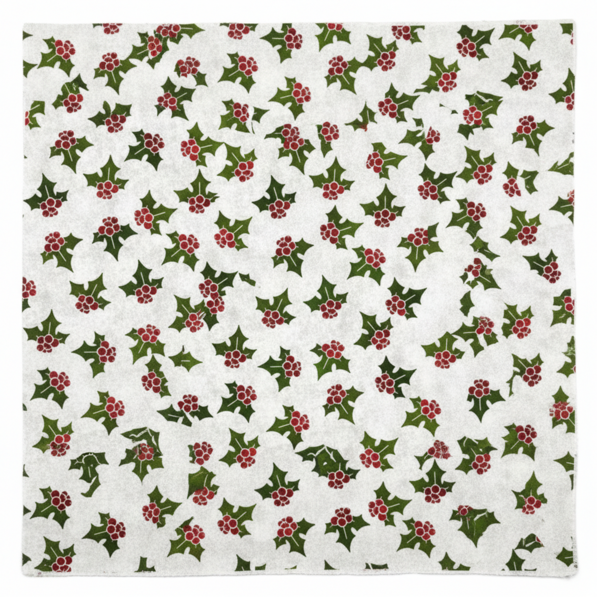 NYSNO New Snow White Holly quilting cotton by Jason Yenter for In The Beginning Fabrics — close-up flat lay showing tossed holly leaves in forest green with deep red berry clusters on a soft mottled white ground, bold festive allover print, 100% cotton, 43–44" wide.