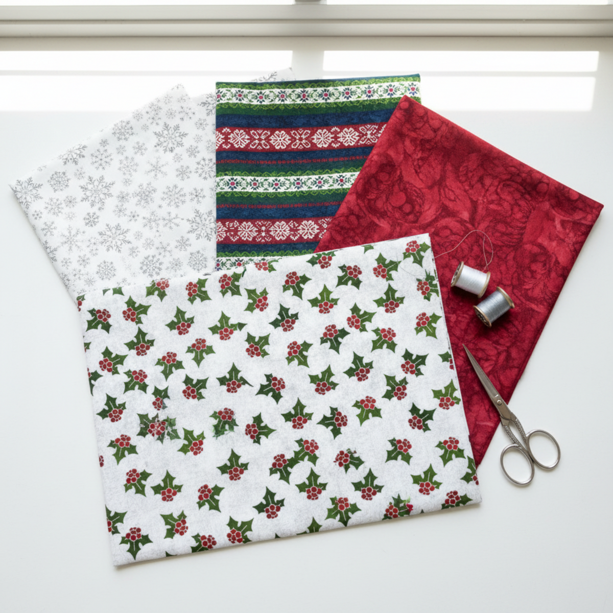NYSNO New Snow White Holly quilting cotton by Jason Yenter for In The Beginning Fabrics — yardage as the front hero in a fan of coordinating winter fabrics with silver thread spools and silver scissors on a white surface. Coordinating fabrics and quilt patterns available at IraRobi Quilts.