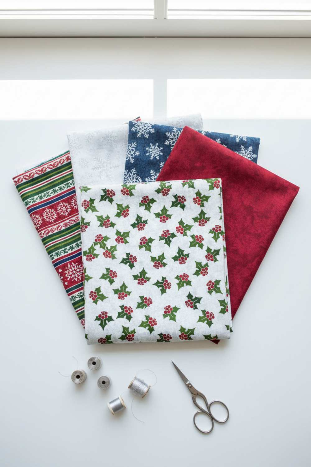 NYSNO New Snow White Holly quilting cotton by Jason Yenter for In The Beginning Fabrics — vertical flat lay as the front hero in a fan of coordinating winter fabrics with silver thread spools and silver scissors on a white surface. Coordinating fabrics and quilt patterns available at IraRobi Quilts.