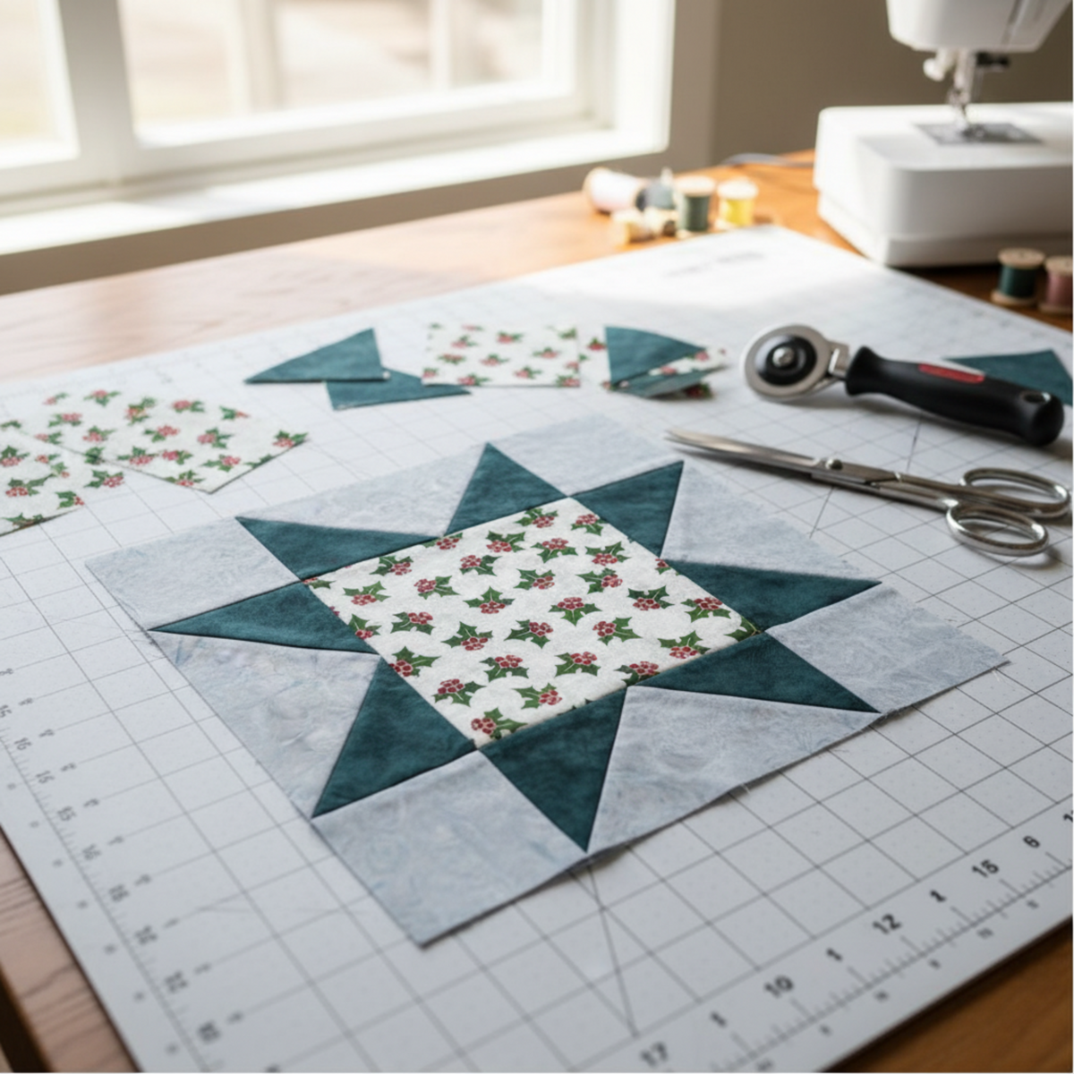 NYSNO New Snow White Holly quilting cotton by Jason Yenter for In The Beginning Fabrics — shown as the center fabric in a work-in-progress A Walk in the Woods quilt block on a white cutting mat in a bright sewing room, with soft blue-gray mottled batik star points and background, loose cut patches, a rotary cutter, and silver scissors nearby. Quilt blocks shown for inspiration feature the A Walk in the Woods Quilt Pattern by Beverly McCullough — available at IraRobi Quilts.