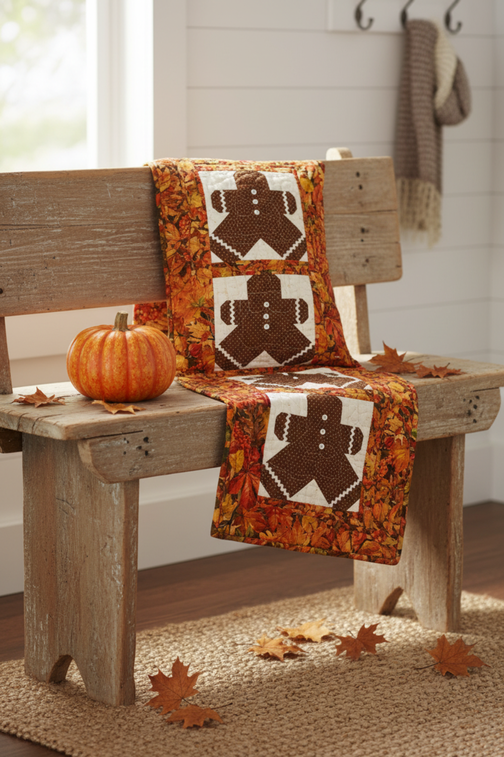 Autumn Celebration Multi Small Foliage fabric by Jason Yenter as border fabric in the Oh Snap! gingerbread bench pillow and table runner by Jennie Jo Lamb for Lamb Farm Designs. Cozy fall holiday sewing project. Quilts shown for inspiration feature the Oh Snap! pattern by Jennie Jo Lamb — available at IraRobi Quilts.