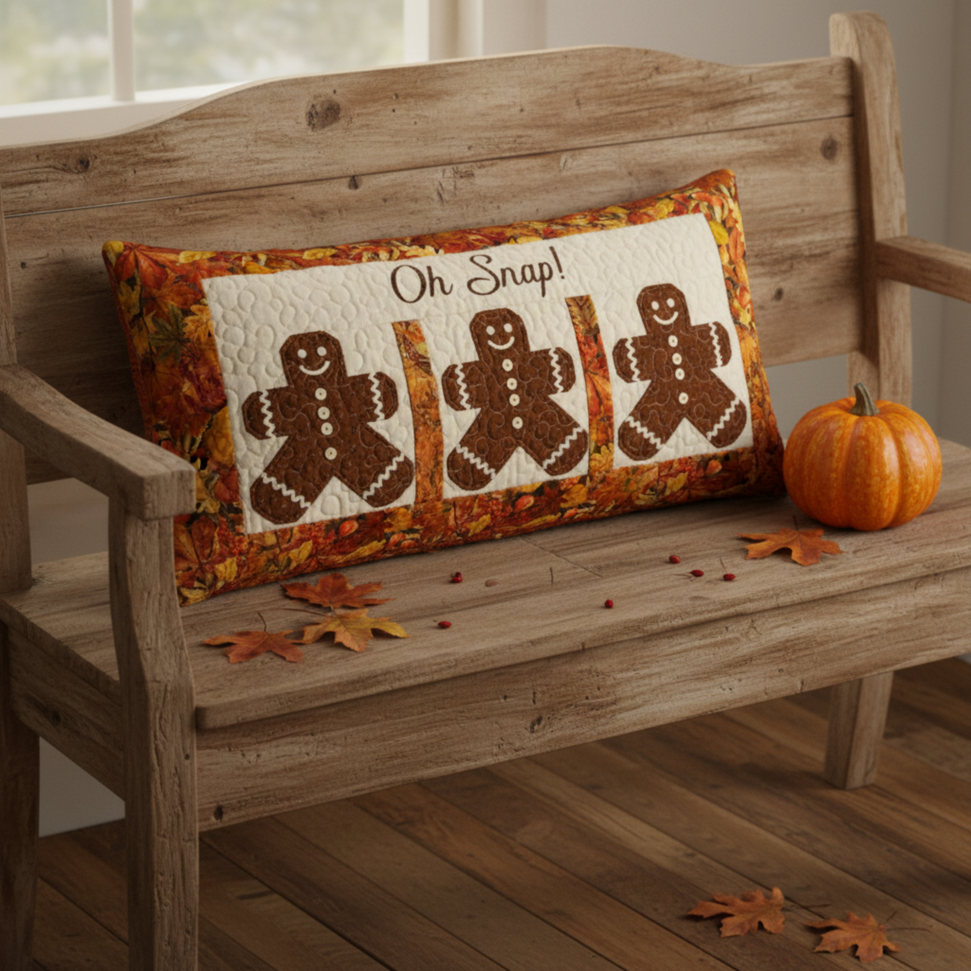 Autumn Celebration Multi Small Foliage fabric used as border in the Oh Snap! bench pillow by Jennie Jo Lamb for Lamb Farm Designs — gingerbread person appliqué runner on a farmhouse bench with small pumpkin and fall leaves. Quilts shown for inspiration feature the Oh Snap! pattern by Jennie Jo Lamb — available at IraRobi Quilts.
