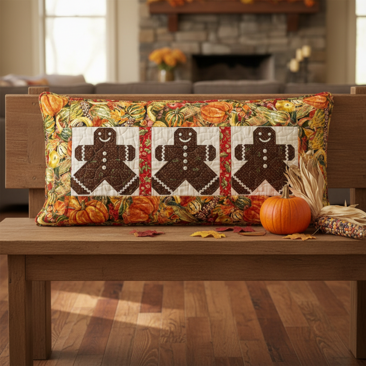 Autumn Celebration Multi Vegetables fabric by Jason Yenter used as border in the Oh Snap! gingerbread bench pillow by Jennie Jo Lamb for Lamb Farm Designs — three gingerbread person appliqué blocks with cream backgrounds on a farmhouse bench, styled with a pumpkin, Indian corn, and fall leaves. Quilts shown for inspiration feature the Oh Snap! pattern by Jennie Jo Lamb — available at IraRobi Quilts.