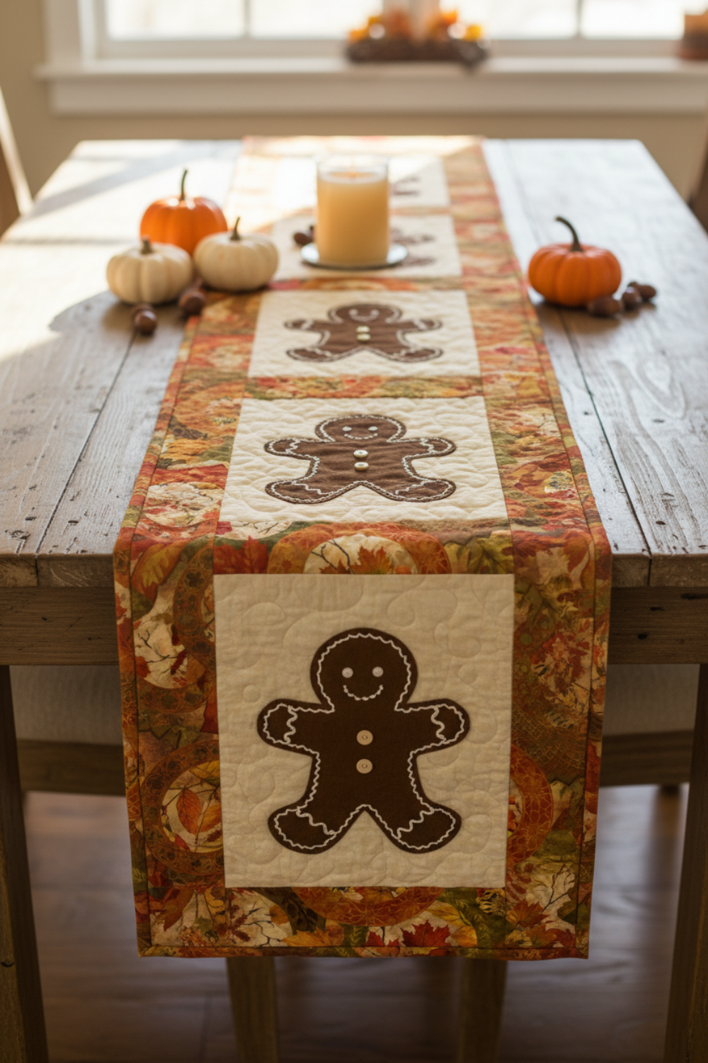 Oh Snap! gingerbread table runner by Jennie Jo Lamb for Lamb Farm Designs — three gingerbread person appliqué blocks on cream backgrounds with Autumn Celebration Multi Circles border fabric by Jason Yenter, featuring large medallion circles with autumn maple leaves in crimson, orange, and gold. Styled on a rustic farmhouse table with orange and white pumpkins, acorns, and a pillar candle. Quilts shown for inspiration feature the Oh Snap! pattern by Jennie Jo Lamb — available at IraRobi Quilts.