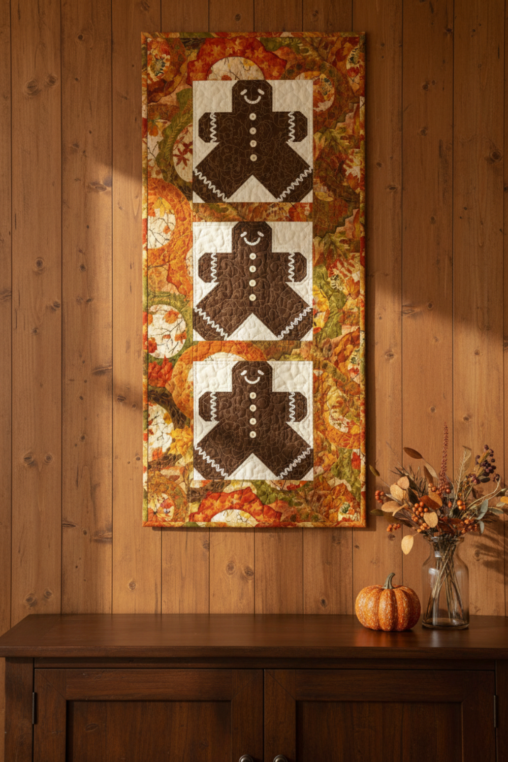 Oh Snap! gingerbread wall hanging by Jennie Jo Lamb for Lamb Farm Designs — three gingerbread person appliqué blocks with ric-rac trim on cream backgrounds, bordered by Autumn Celebration Multi Circles fabric by Jason Yenter with large medallion circles in crimson, orange, and golden yellow autumn leaves. Displayed on a rustic wood-paneled wall above a sideboard styled with a pumpkin and fall berry branches. Quilts shown for inspiration feature the Oh Snap! pattern by Jennie Jo Lamb — available at IraRobi Q