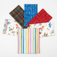 On the Go Stripes Multi quilting cotton by Jason Yenter for In The Beginning Fabrics — shown as the front hero fabric in a fan spread of coordinating quilting fabrics on a clean white surface with bright studio lighting.