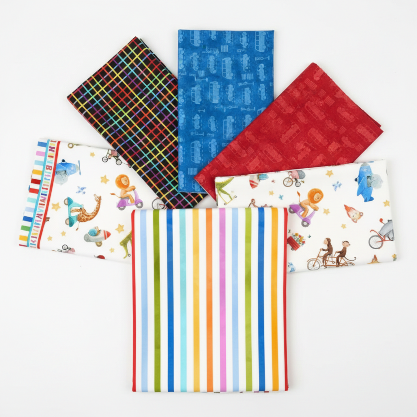 On the Go Stripes Multi quilting cotton by Jason Yenter for In The Beginning Fabrics — shown as the front hero fabric in a fan spread of coordinating quilting fabrics on a clean white surface with bright studio lighting.