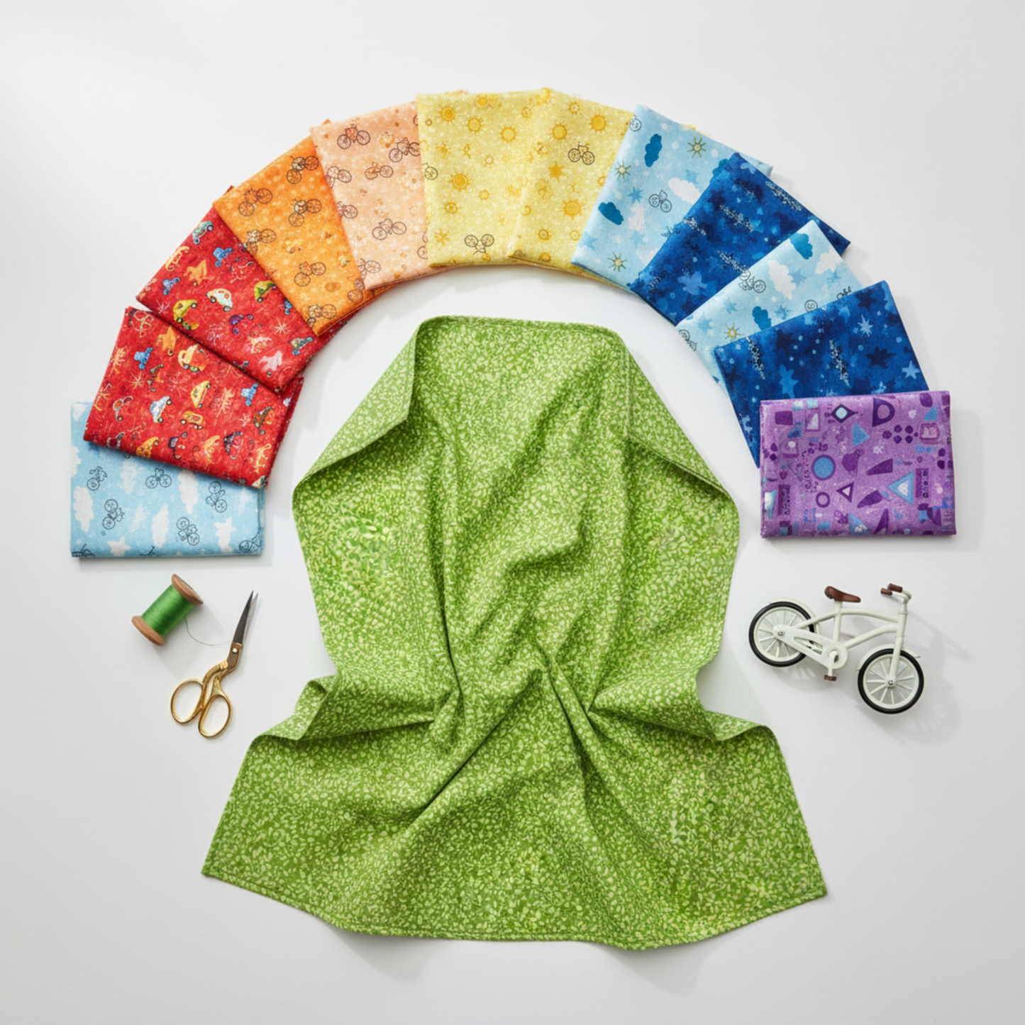 On the Go Leaves Green quilting cotton by Jason Yenter for In The Beginning Fabrics — draped as the hero in the center of a rainbow fan spread of coordinating fabrics, with a green thread spool, gold scissors, and a small toy bicycle on a white surface. Coordinating fabrics and quilt patterns available at IraRobi Quilts.