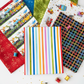 On the Go Stripes Multi quilting cotton by Jason Yenter for In The Beginning Fabrics — vertical Pinterest-style fan spread with the rainbow stripe as the hero, surrounded by coordinating fabrics, gold star confetti, a toy bicycle, and colorful thread spools. Coordinating fabrics and quilt patterns available at IraRobi Quilts.