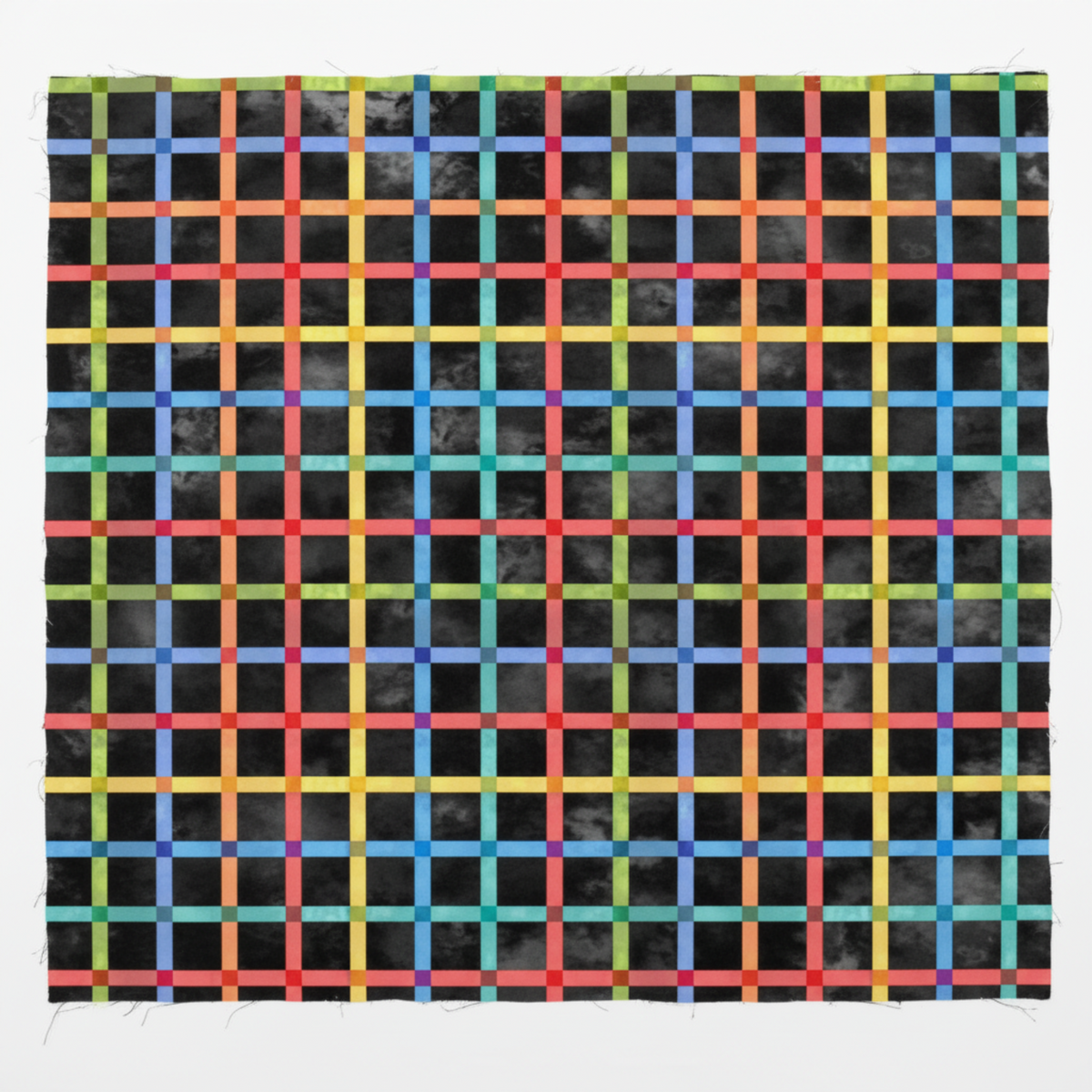 On the Go Plaid Multi quilting cotton by Jason Yenter for In The Beginning Fabrics — close-up flat lay showing bold rainbow gridlines in red, coral, sky blue, cobalt, teal, yellow-green, yellow, orange, grass green, aqua, pink, and purple intersecting across a deep black batik ground with subtle smoky watercolor texture, 100% cotton, 43–44" wide.