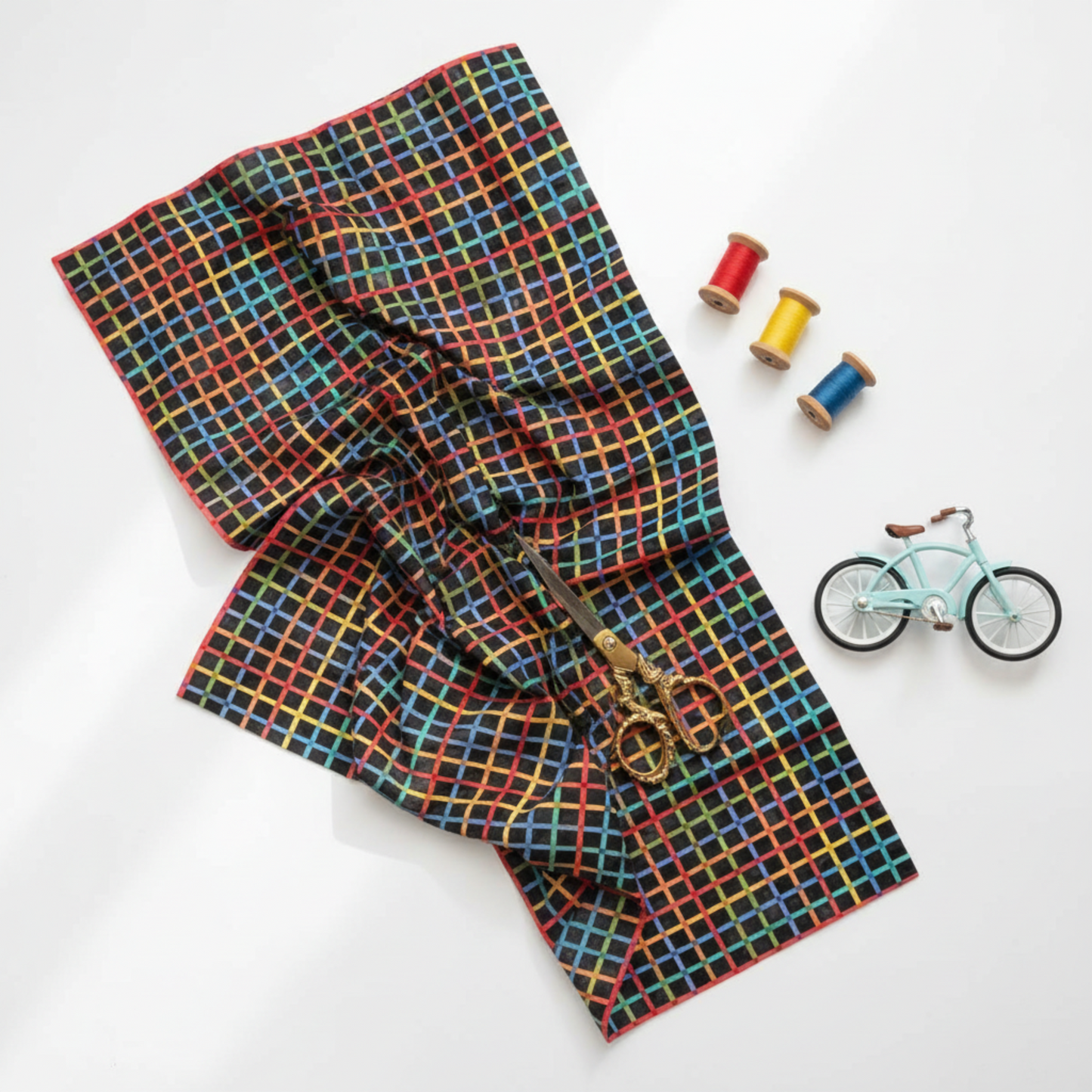 On the Go Plaid Multi quilting cotton by Jason Yenter for In The Beginning Fabrics — loosely draped and folded as the hero in a bright joyful quilting lifestyle flat lay with rainbow thread spools, gold scissors, and a small toy bicycle on a white surface.