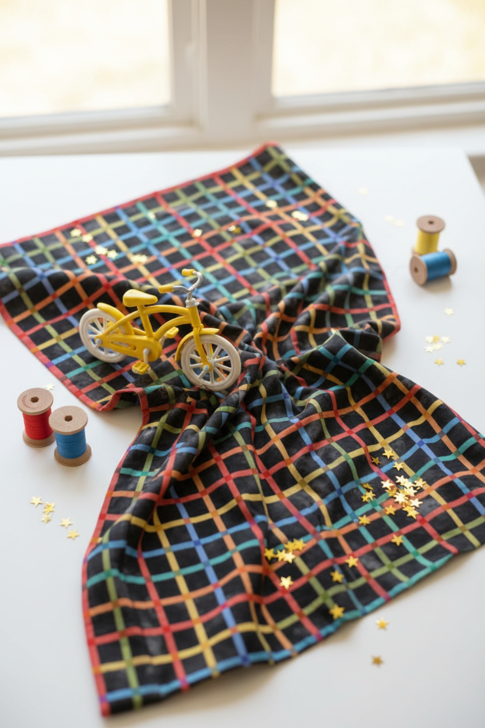 On the Go Plaid Multi quilting cotton by Jason Yenter for In The Beginning Fabrics — vertical lifestyle photo with the bold rainbow grid on black as the hero, styled with a yellow toy bicycle, gold star confetti, and colorful wood thread spools. Coordinating fabrics and quilt patterns available at IraRobi Quilts.