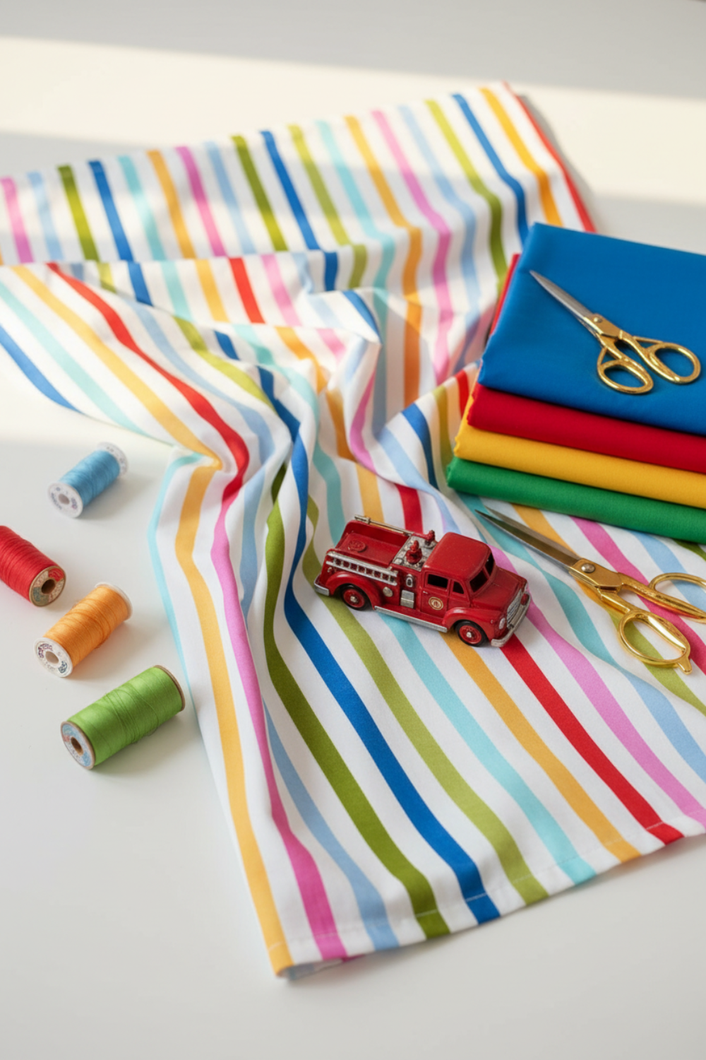 On the Go Stripes Multi quilting cotton by Jason Yenter for In The Beginning Fabrics — vertical lifestyle photo with the rainbow stripe as the clear hero in a joyful fan spread with rainbow thread spools and playful props. Coordinating fabrics and quilt patterns available at IraRobi Quilts.