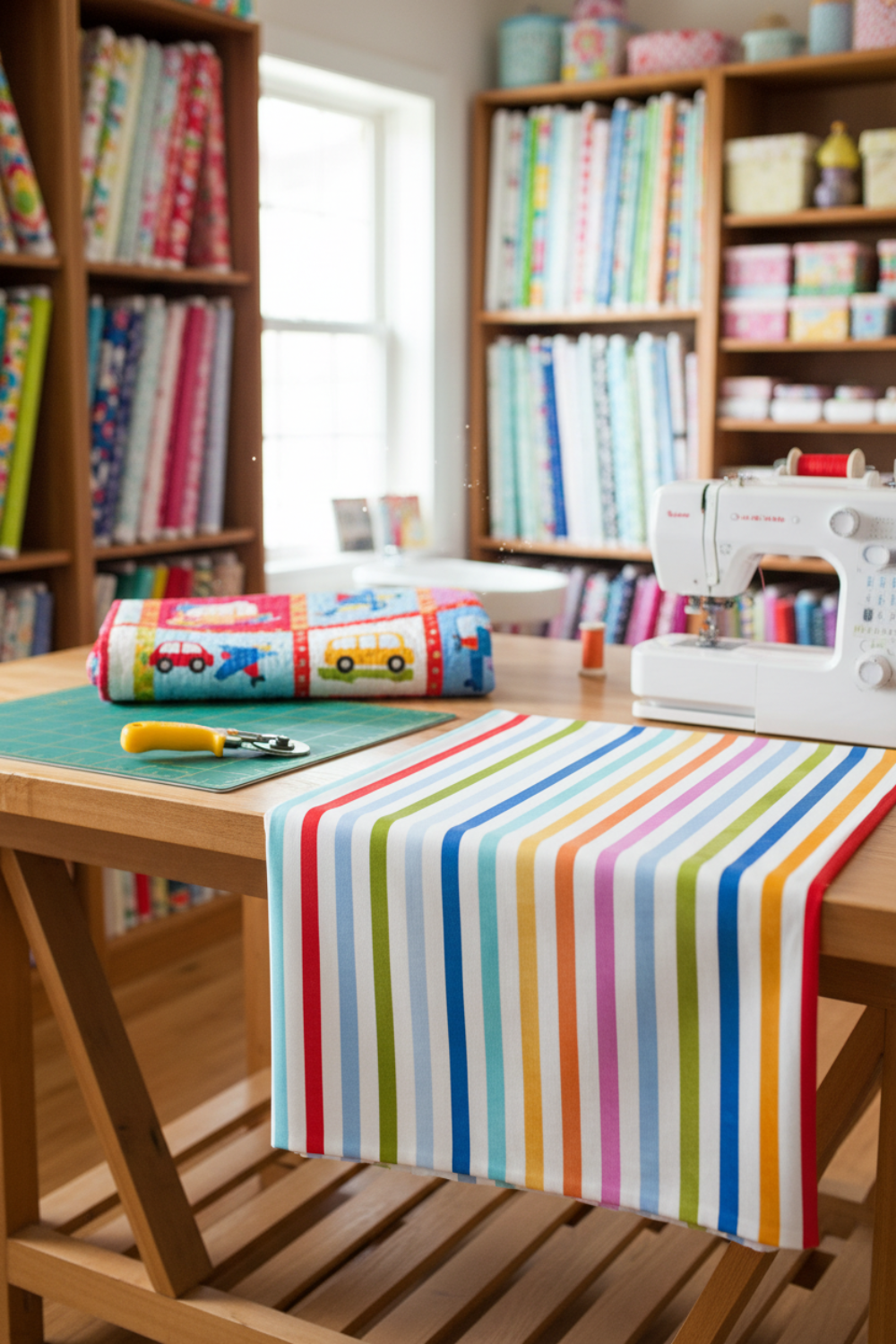 On the Go Stripes Multi quilting cotton by Jason Yenter for In The Beginning Fabrics — draped over a cutting table in a bright quilting studio with a white sewing machine, rotary cutter, and shelves of fabric bolts in the background. Coordinating fabrics and quilt patterns available at IraRobi Quilts.