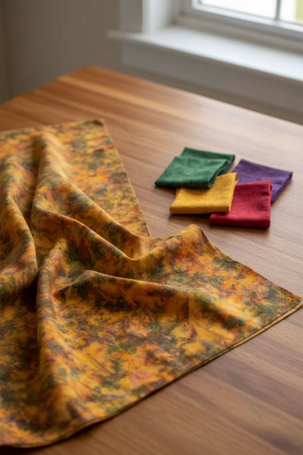 Expressions Batiks Hand-Dyes Orange Multi I fabric by Riley Blake Designs draped on a warm wood table with coordinating forest green, curry yellow, tomato red, and deep purple tonal batik fabric pieces nearby – complex multicolor hand-dyed batik with golden amber-orange base and olive green, slate blue-grey, and burnt red-orange, a rich moody focal blender perfect for nature-inspired and jewel-tone quilts, 100% cotton batik