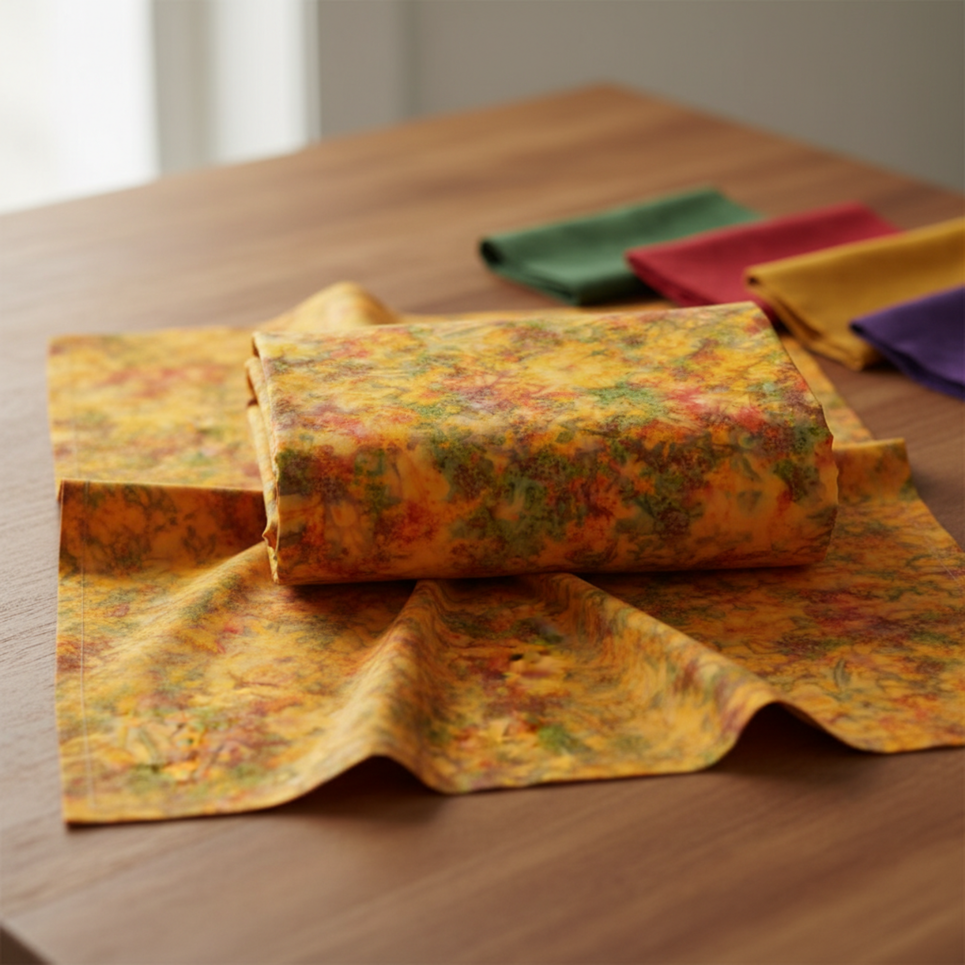Expressions Batiks Hand-Dyes Orange Multi II fabric by Riley Blake Designs draped on a warm wood surface with coordinating forest green, tomato red, curry yellow, and deep purple tonal batik fabric pieces nearby – bright luminous golden amber-orange multicolor hand-dyed batik with red-orange splashes, olive green accents, and soft lavender-grey hints, a bold autumn harvest focal blender, 100% cotton batik