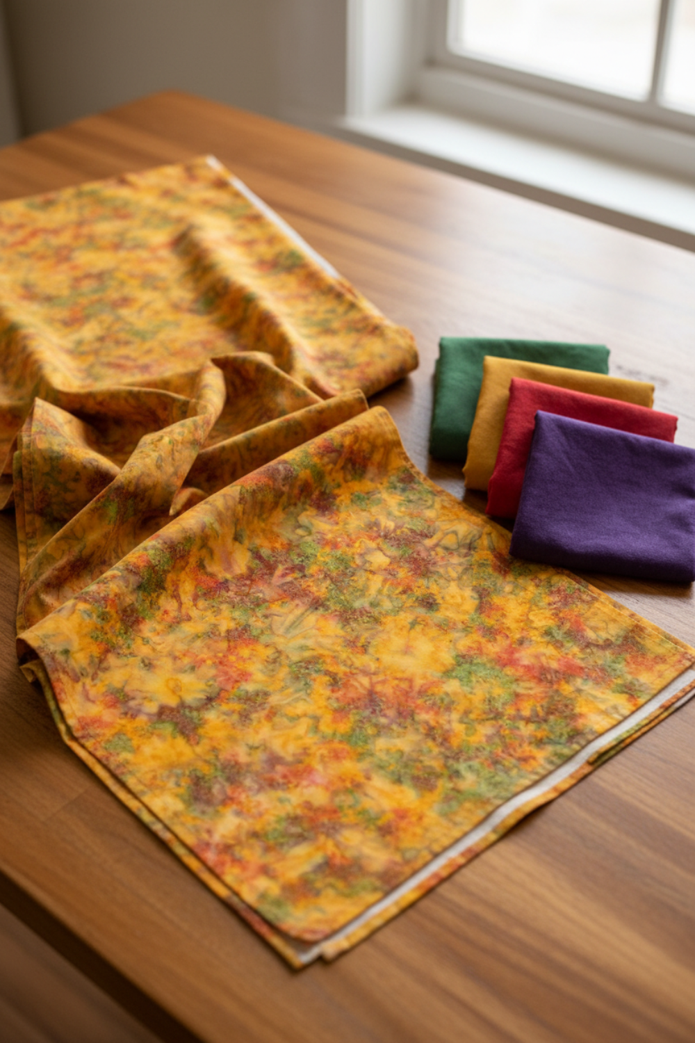 Expressions Batiks Hand-Dyes Orange Multi II fabric by Riley Blake Designs folded on a warm wood surface with coordinating forest green, tomato red, curry yellow, and deep purple tonal batik fabric pieces nearby – bright luminous golden amber-orange multicolor hand-dyed batik with red-orange splashes, olive green accents, and soft lavender-grey hints, a bold autumn harvest focal blender perfect for nature-inspired and jewel-tone quilts, 100% cotton batik, available at IraRobi Quilts