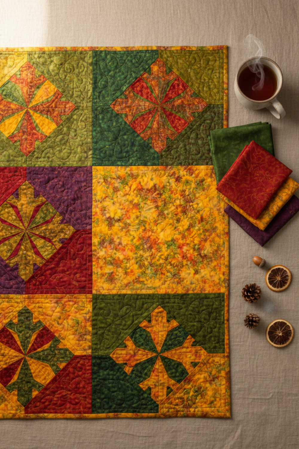 Autumn harvest quilt project flat lay featuring Expressions Batiks Hand-Dyes Orange Multi II fabric by Riley Blake Designs as the focal fabric – bright luminous golden amber-orange multicolor hand-dyed batik with red-orange splashes, olive green, and lavender-grey in pieced blocks with coordinating forest green, tomato red, curry yellow, and deep purple tonal batiks on a warm linen surface
