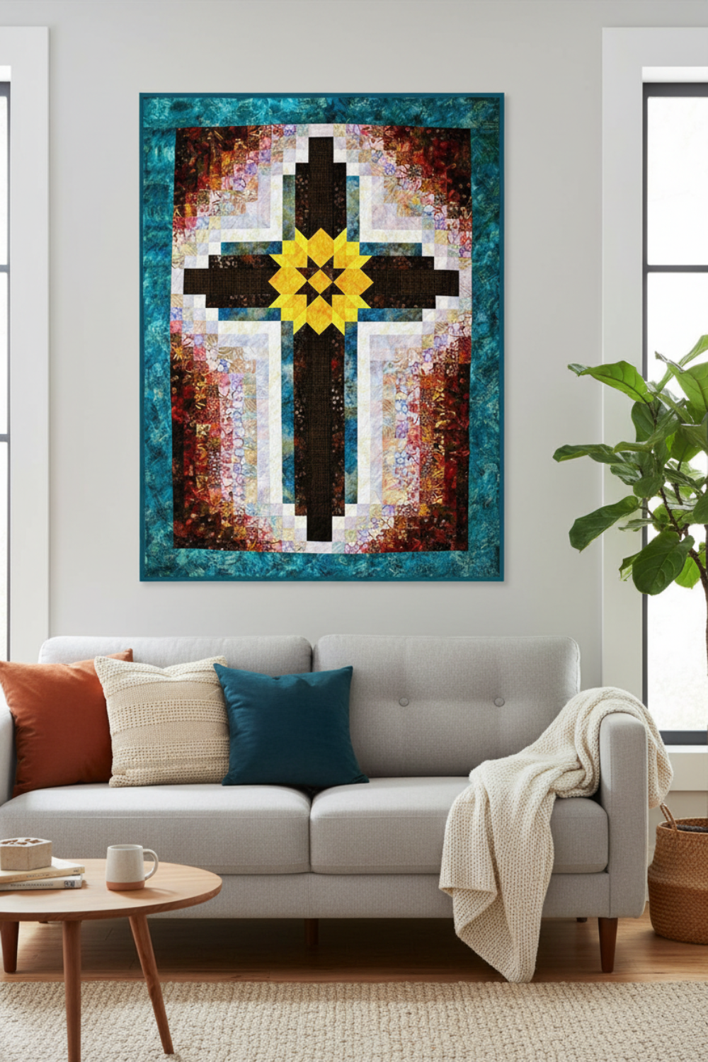Painted Cross quilt featuring Interwoven Bark Fabric by Jason Yenter for In The Beginning Fabrics – dark brown crosshatch cross with yellow star center, warm multicolor batik strips and teal border. Shop Interwoven Bark and Painted Cross Pattern at IraRobi Quilts | #paintedcross #barkfabric #interwoven #crossquilt #quiltingfabric #batikquilt #religiousquilt