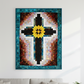 Painted Cross quilt with bold charcoal cross arms made from Interwoven Charcoal by Jason Yenter for In The Beginning Fabrics – yellow star medallion center, jewel-tone patchwork background, teal batik border. Painted Cross Quilt Pattern using Interwoven Charcoal fabric. Shop at IraRobi Quilts | #paintedcross #quiltingfabric #charcoalfabric #interwoven #modernquilt #crossquilt