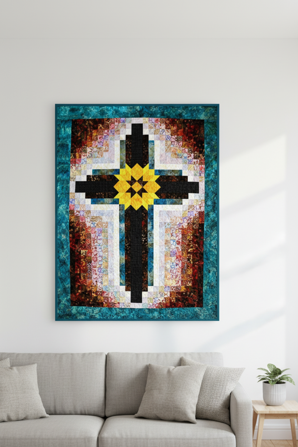 Painted Cross quilt with bold charcoal cross arms made from Interwoven Charcoal by Jason Yenter for In The Beginning Fabrics – yellow star medallion center, jewel-tone patchwork background, teal batik border. Painted Cross Quilt Pattern using Interwoven Charcoal fabric. Shop at IraRobi Quilts | #paintedcross #quiltingfabric #charcoalfabric #interwoven #modernquilt #crossquilt