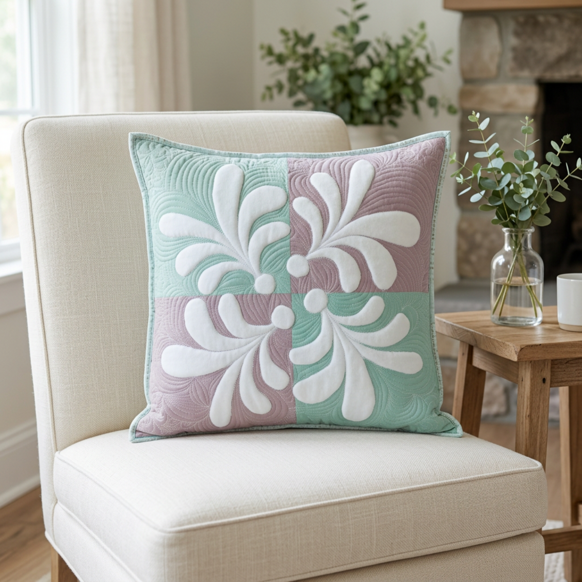 Pastel Harmony mint-and-mauve quilted pillow on a cream armchair beside a wooden table with a glass vase of greenery.