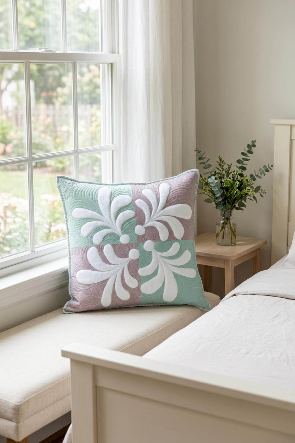 Pastel Harmony mint-and-mauve quilted pillow on a cream window bench beside an ivory bed and wooden nightstand with greenery.